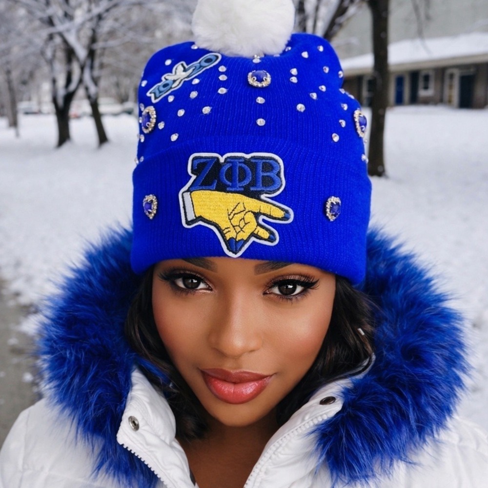 Zeta Phi Beta Blue Beanie design with logo &‎ rhinestones and white pompom